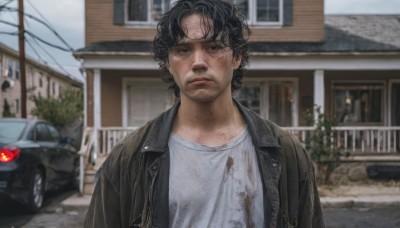 solo,looking at viewer,short hair,shirt,black hair,1boy,brown eyes,jacket,white shirt,upper body,flower,male focus,outdoors,parted lips,open clothes,day,blurry,black eyes,open jacket,black jacket,blurry background,facial hair,ground vehicle,building,messy hair,motor vehicle,curly hair,brown jacket,realistic,stubble,car,road,leather,house,dirty,street,leather jacket,photo background,closed mouth,tree,window,blood,depth of field,denim,injury,power lines,dirty face