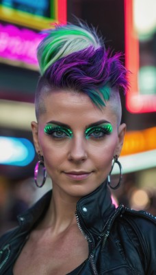 1girl,solo,breasts,looking at viewer,smile,short hair,cleavage,brown eyes,jewelry,closed mouth,jacket,upper body,purple hair,multicolored hair,earrings,green hair,blurry,two-tone hair,lips,black jacket,eyelashes,makeup,blurry background,lipstick,portrait,eyeshadow,hoop earrings,realistic,nose,eyeliner,very short hair,leather,undercut,leather jacket,mascara,cyberpunk,green eyes,open clothes,artist name,open jacket,zipper,asymmetrical hair,unzipped,neon lights