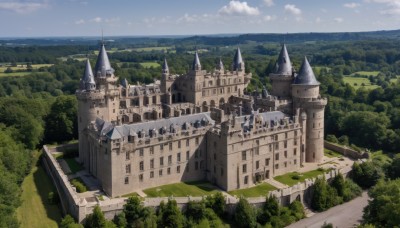 outdoors,sky,day,cloud,water,tree,blue sky,no humans,grass,building,nature,scenery,forest,mountain,city,fantasy,road,river,castle,tower,landscape,ocean,cloudy sky,horizon,cityscape