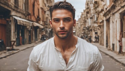 solo,looking at viewer,short hair,brown hair,shirt,black hair,1boy,white shirt,upper body,male focus,earrings,outdoors,day,collared shirt,blurry,black eyes,looking to the side,blurry background,facial hair,building,beard,city,mature male,realistic,stubble,partially unbuttoned,chest hair,photo background,jewelry,closed mouth,lips,depth of field,road,street