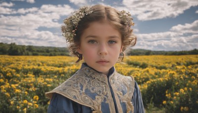 1girl,solo,looking at viewer,short hair,blue eyes,blonde hair,brown hair,hair ornament,dress,jewelry,closed mouth,upper body,flower,earrings,outdoors,sky,day,cloud,hair flower,blurry,blue sky,lips,grey eyes,depth of field,blurry background,blue dress,cloudy sky,portrait,freckles,curly hair,realistic,yellow flower,field,flower field,parted lips,expressionless,sunlight,scenery