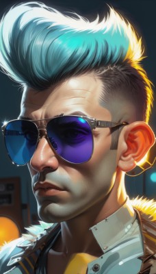 solo,looking at viewer,shirt,1boy,blue hair,collarbone,jacket,male focus,multicolored hair,parted lips,two-tone hair,lips,fur trim,sunglasses,portrait,realistic,nose,pompadour,mohawk,aviator sunglasses,short hair,closed mouth,artist name,signature,blurry,tattoo,blurry background,facial hair,close-up,backlighting,undercut,cyborg,cyberpunk