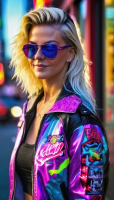 1girl,solo,long hair,breasts,looking at viewer,smile,blue eyes,blonde hair,jewelry,jacket,upper body,multicolored hair,earrings,parted lips,open clothes,midriff,necklace,blurry,two-tone hair,open jacket,lips,crop top,black shirt,makeup,blurry background,sunglasses,lipstick,realistic,nose,stud earrings,purple jacket,tinted eyewear,aviator sunglasses,purple-tinted eyewear,shirt,long sleeves,medium breasts,closed mouth,collarbone,outdoors,artist name,gradient hair,night,depth of field,thick eyebrows,multicolored clothes,zipper,backlighting,unzipped,hair slicked back,multicolored jacket,city lights,looking over eyewear