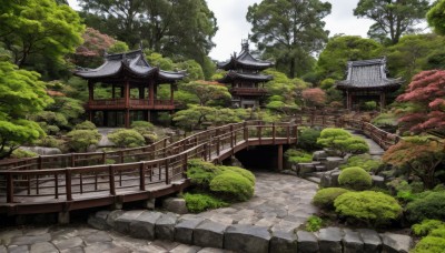 outdoors,sky,day,tree,no humans,building,nature,scenery,forest,stairs,railing,bush,architecture,bridge,east asian architecture,shrine,path,stone lantern,cloud,grass,plant,rock,fence