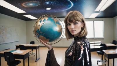 1girl,solo,looking at viewer,short hair,bangs,blue eyes,blonde hair,brown hair,long sleeves,jewelry,upper body,earrings,indoors,lips,window,chair,bob cut,star (sky),desk,science fiction,realistic,nose,space,planet,earth (planet),constellation,globe,dress,holding,medium hair,from side,table,hoop earrings,monitor,office