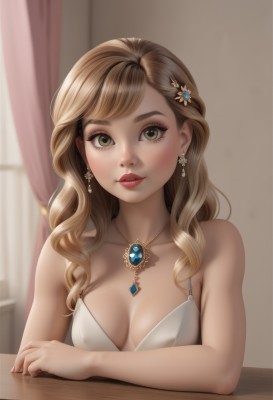 1girl,solo,long hair,breasts,looking at viewer,blush,brown hair,hair ornament,dress,cleavage,bare shoulders,brown eyes,jewelry,medium breasts,green eyes,collarbone,upper body,earrings,sleeveless,indoors,necklace,white dress,blurry,lips,eyelashes,window,makeup,wavy hair,table,curtains,gem,pendant,red lips,mascara,bangs,blonde hair,parted lips,hairclip,nail polish,fingernails,red nails,eyeshadow,realistic