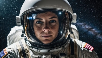 solo,looking at viewer,blue eyes,1boy,closed mouth,upper body,male focus,star (symbol),helmet,portrait,star (sky),reflection,realistic,space,planet,american flag,spacesuit,space helmet,united states,astronaut,brown hair,black hair,starry sky,earth (planet)