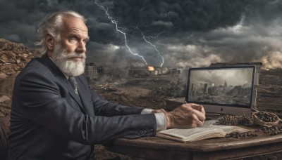 solo,looking at viewer,shirt,long sleeves,1boy,sitting,jacket,upper body,white hair,male focus,outdoors,necktie,sky,artist name,cloud,signature,black jacket,book,facial hair,chair,formal,table,cloudy sky,suit,building,beard,smoke,city,open book,realistic,mustache,cityscape,computer,manly,old,old man,laptop,lightning,keyboard (computer),grey hair,from side,military,ground vehicle,motor vehicle,desk,military vehicle,watercraft,ship,wrinkled skin