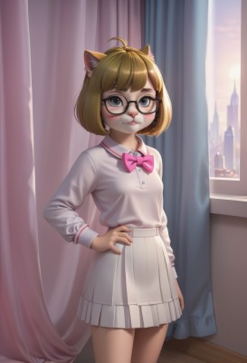 1girl,solo,breasts,looking at viewer,blush,smile,short hair,bangs,blue eyes,skirt,blonde hair,brown hair,shirt,long sleeves,bow,animal ears,school uniform,standing,tail,white shirt,ahoge,cowboy shot,pleated skirt,small breasts,glasses,collared shirt,artist name,indoors,cat ears,bowtie,cat tail,animal ear fluff,hand on hip,window,:3,bob cut,white skirt,cat girl,curtains,pink bow,furry,black-framed eyewear,sunset,round eyewear,furry female,pink bowtie,closed mouth,blunt bangs,black eyes,lips,dress shirt,thick eyebrows,arm at side,body fur,animal nose