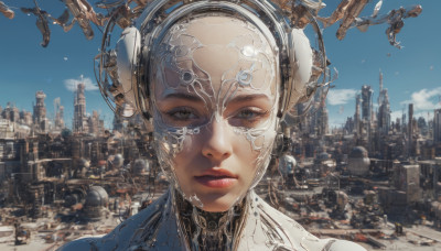 1girl, solo, looking at viewer, brown eyes, outdoors, sky, day, blue sky, lips, building, science fiction, city, realistic, cityscape, cyberpunk