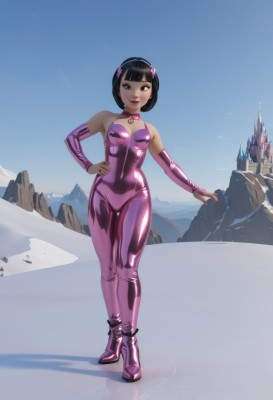 1girl,solo,breasts,looking at viewer,blush,smile,short hair,bangs,black hair,hair ornament,gloves,bare shoulders,brown eyes,standing,full body,hairband,small breasts,boots,outdoors,detached sleeves,sky,choker,day,elbow gloves,shiny,blunt bangs,nail polish,black eyes,high heels,blue sky,lips,hand on hip,bodysuit,makeup,bob cut,lipstick,skin tight,shiny clothes,mountain,latex,purple bodysuit,pink bodysuit,latex bodysuit,collar,clothing cutout,covered navel,cleavage cutout,bridal gauntlets,snow,pink footwear,castle,desert