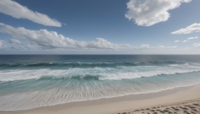 outdoors,sky,day,cloud,water,blue sky,no humans,ocean,beach,scenery,sand,horizon,waves,shore,monochrome,cloudy sky