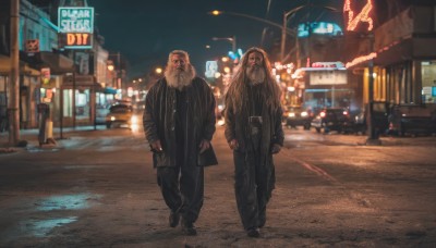 long hair,shirt,long sleeves,holding,jewelry,standing,jacket,male focus,outdoors,multiple boys,shoes,pants,2boys,necklace,bag,black footwear,blurry,black jacket,night,facial hair,black pants,formal,suit,ground vehicle,building,night sky,motor vehicle,beard,walking,handbag,city,sign,car,road,lamppost,street,city lights,neon lights,sky,striped,belt,scenery,realistic,mustache,bald,old,old man,pinstripe pattern,road sign,lights