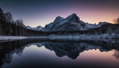 outdoors,sky,water,tree,no humans,night,star (sky),nature,night sky,scenery,snow,forest,starry sky,reflection,mountain,winter,bare tree,river,landscape,lake,gradient sky,reflective water