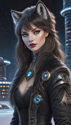 1girl,solo,long hair,breasts,looking at viewer,bangs,brown hair,black hair,long sleeves,animal ears,cleavage,brown eyes,jewelry,medium breasts,jacket,yellow eyes,upper body,earrings,outdoors,parted lips,open clothes,sky,choker,artist name,cat ears,necklace,mole,blurry,lips,coat,black jacket,fur trim,makeup,night,lipstick,building,gem,star (sky),night sky,starry sky,city,nose,red lips,signature,animal ear fluff,wolf ears,realistic