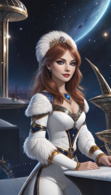 1girl,solo,long hair,breasts,looking at viewer,smile,blue eyes,brown hair,long sleeves,hat,dress,cleavage,jewelry,medium breasts,earrings,parted lips,sky,solo focus,pants,necklace,nail polish,white dress,lips,fur trim,makeup,night,moon,table,crown,lipstick,gem,star (sky),red nails,starry sky,white pants,red lips,space,planet,earth (planet),telescope,bangs,artist name,tiara,feathers,realistic