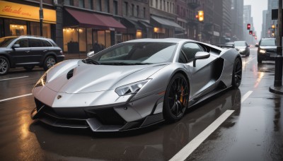 outdoors,artist name,signature,no humans,ground vehicle,building,scenery,motor vehicle,city,sign,car,road,vehicle focus,lamppost,street,wheel,sports car,reflection