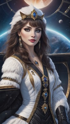 1girl,solo,long hair,breasts,looking at viewer,smile,bangs,brown hair,hat,dress,brown eyes,jewelry,closed mouth,upper body,earrings,necklace,black dress,lips,fur trim,makeup,moon,crown,lipstick,gauntlets,gem,star (sky),pendant,eyeshadow,realistic,nose,red lips,eyeliner,space,planet,earth (planet),gloves,cleavage,medium breasts,artist name,white dress,coat,tiara,white coat