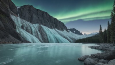 outdoors,sky,cloud,water,tree,no humans,night,star (sky),nature,night sky,scenery,snow,forest,starry sky,reflection,rock,mountain,river,landscape,lake,aurora,signature