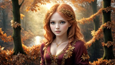 HQ,1girl,solo,long hair,breasts,looking at viewer,blush,blue eyes,brown hair,hair ornament,dress,cleavage,jewelry,medium breasts,upper body,outdoors,parted lips,necklace,orange hair,tree,lips,eyelashes,makeup,leaf,wavy hair,red dress,sunlight,nature,forest,curly hair,realistic,autumn leaves,autumn,red hair,freckles