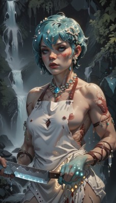 1girl,solo,breasts,looking at viewer,short hair,blue eyes,hair ornament,gloves,holding,bare shoulders,jewelry,medium breasts,nipples,blue hair,standing,collarbone,weapon,cowboy shot,earrings,small breasts,parted lips,dark skin,fingerless gloves,water,necklace,holding weapon,bracelet,dark-skinned female,lips,wet,torn clothes,no bra,aqua hair,blood,tattoo,muscular,leaf,scar,knife,gem,nature,armlet,toned,injury,realistic,nose,muscular female,nipple slip,holding knife,dagger,torn shirt,dirty,waterfall,cuts,tribal,single strap,bangs,hair between eyes,closed mouth,outdoors,green hair,artist name,apron,night,watermark,ring,freckles,beads,circlet,blood on face,rock,facepaint,blood on clothes,blood on weapon