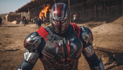 solo,looking at viewer,1boy,upper body,male focus,outdoors,solo focus,armor,blurry,blurry background,helmet,fire,science fiction,power armor,photo background,day,realistic