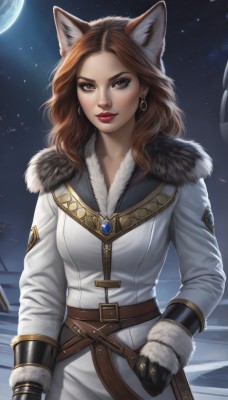 1girl,solo,long hair,breasts,looking at viewer,brown hair,gloves,long sleeves,animal ears,brown eyes,jewelry,earrings,outdoors,parted lips,sky,black gloves,belt,artist name,cat ears,lips,coat,fur trim,makeup,night,watermark,moon,ring,lipstick,star (sky),night sky,starry sky,nose,white coat,winter clothes,red lips,medium breasts,closed mouth,standing,mole,parted bangs,fox ears,wolf ears,gem,forehead,realistic,wolf girl,fur-trimmed coat