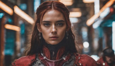 1girl,solo,long hair,looking at viewer,blue eyes,brown hair,brown eyes,jewelry,earrings,parted lips,solo focus,necklace,armor,blurry,lips,depth of field,blurry background,portrait,forehead,realistic,nose