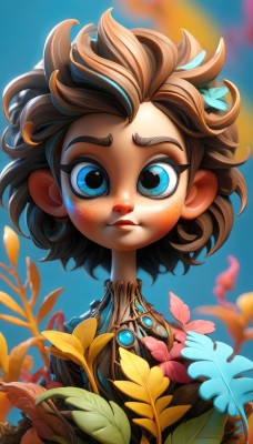 1girl,solo,looking at viewer,short hair,blue eyes,brown hair,hair ornament,holding,jewelry,closed mouth,upper body,flower,outdoors,sky,day,artist name,hair flower,necklace,blurry,blue sky,eyelashes,blurry background,leaf,blue background,plant,messy hair,gem,portrait,freckles,holding flower,multicolored hair,lips,depth of field,child,yellow flower,female child,facepaint