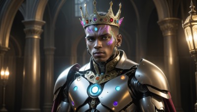 HQ,solo,looking at viewer,1boy,jewelry,upper body,male focus,earrings,indoors,dark skin,cape,armor,glowing,facial mark,dark-skinned male,crown,science fiction,realistic,shoulder pads,facial tattoo,cyborg,short hair,tattoo,power armor