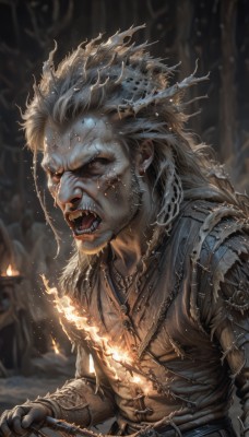 solo,long hair,looking at viewer,open mouth,gloves,1boy,holding,brown eyes,jewelry,upper body,weapon,white hair,grey hair,male focus,earrings,horns,teeth,tongue,belt,sword,artist name,necklace,holding weapon,armor,blurry,torn clothes,blurry background,facial hair,fangs,holding sword,fire,sharp teeth,beard,old,old man,braid,colored skin,snow,realistic,candle,stitches,grey skin,zombie