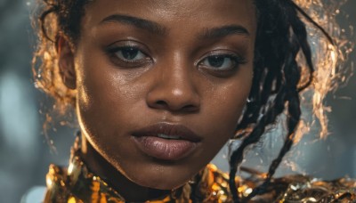 1girl,solo,looking at viewer,blue eyes,black hair,braid,parted lips,teeth,dark skin,hair bun,blurry,black eyes,dark-skinned female,lips,eyelashes,blurry background,portrait,close-up,forehead,realistic,nose,very dark skin,dreadlocks,long hair,jewelry,choker,artist name,necklace