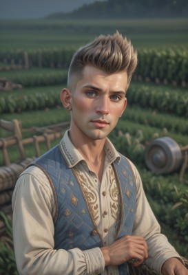 solo,looking at viewer,short hair,blue eyes,brown hair,shirt,long sleeves,1boy,jewelry,white shirt,upper body,male focus,earrings,outdoors,collared shirt,blurry,vest,lips,buttons,blurry background,grass,realistic,nose,fence,basket,stud earrings,blue vest,field,blonde hair,closed mouth,day,artist name,dress shirt,ring,spiked hair,undercut