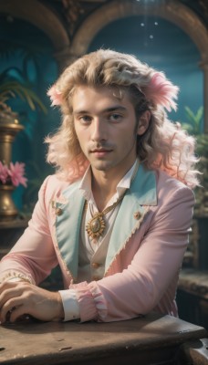 solo,long hair,looking at viewer,blonde hair,brown hair,shirt,long sleeves,1boy,jewelry,sitting,closed mouth,jacket,white shirt,upper body,flower,male focus,multicolored hair,collared shirt,artist name,indoors,necklace,blurry,black eyes,vest,lips,depth of field,blurry background,facial hair,wavy hair,table,feathers,plant,beard,pink flower,curly hair,realistic,nose,pink jacket,blue eyes,hair ornament,watermark,sunlight,brooch,gem