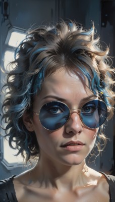 1girl,solo,looking at viewer,short hair,blue eyes,blonde hair,jewelry,blue hair,collarbone,multicolored hair,earrings,parted lips,glasses,teeth,two-tone hair,lips,piercing,sunglasses,messy hair,portrait,freckles,realistic,nose,round eyewear,stud earrings,tinted eyewear,aviator sunglasses,blue-tinted eyewear,shirt,black hair,artist name,streaked hair,watermark,wavy hair,science fiction,curly hair,cyborg,dirty,dirty face