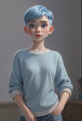 1girl,solo,looking at viewer,blush,short hair,blue eyes,long sleeves,jewelry,blue hair,standing,cowboy shot,earrings,parted lips,teeth,pants,indoors,sweater,lips,piercing,denim,freckles,hand in pocket,jeans,realistic,nose,hands in pockets,blue pants,stud earrings,very short hair,undercut,blue sweater,sleeves pushed up,bangs,shirt,1boy,male focus,makeup,lipstick,red lips