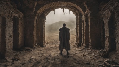 solo,short hair,black hair,long sleeves,1boy,standing,monochrome,male focus,boots,outdoors,from behind,coat,scenery,arms at sides,facing away,ruins,wide shot,pillar,greyscale,sky,cloud,cloudy sky,1other,robe,rock,mountain,sepia,ambiguous gender,arch