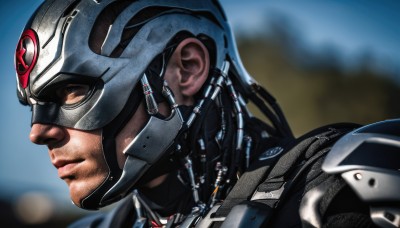 solo,1boy,brown eyes,closed mouth,male focus,signature,dark skin,armor,blurry,from side,lips,profile,blurry background,helmet,portrait,science fiction,realistic,nose,cyborg,power armor,black hair,depth of field,facial hair,close-up