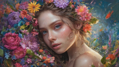 1girl, solo, long hair, looking at viewer, blue eyes, brown hair, hair ornament, bare shoulders, flower, parted lips, hair flower, lips, portrait, pink flower, freckles, fish, underwater, realistic, nose, purple flower, orange flower, goldfish