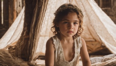 1girl,solo,looking at viewer,short hair,blue eyes,brown hair,dress,bare shoulders,closed mouth,upper body,sleeveless,indoors,white dress,blurry,flat chest,lips,bed,depth of field,blurry background,curtains,child,curly hair,realistic,head wreath,brown eyes,tree