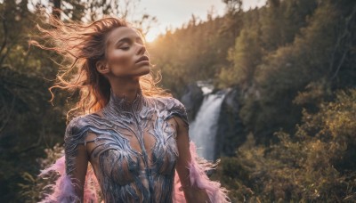 1girl,solo,long hair,breasts,blonde hair,brown hair,medium breasts,closed eyes,upper body,outdoors,signature,dark skin,water,armor,blurry,dark-skinned female,tree,lips,floating hair,blurry background,nature,forest,realistic,fantasy,small breasts,sunlight,looking up,waterfall