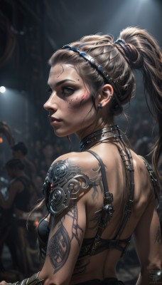 1girl,long hair,breasts,looking at viewer,blue eyes,multiple girls,blonde hair,brown hair,bare shoulders,jewelry,underwear,upper body,ponytail,earrings,parted lips,solo focus,choker,looking back,from behind,bra,blurry,bracelet,lips,grey eyes,tattoo,makeup,depth of field,blurry background,back,piercing,high ponytail,black bra,ear piercing,realistic,nose,arm tattoo,shoulder tattoo,hair pulled back,crowd,mascara,earpiece,solo,medium breasts,necklace,collar,eyelashes,blood,profile,facial mark,lipstick,goggles,goggles on head,blood on face,facepaint,facial tattoo,dirty,dirty face,nose piercing,eyebrow piercing