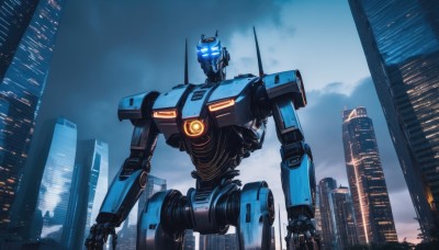 solo,blue eyes,outdoors,sky,cloud,no humans,glowing,robot,building,mecha,glowing eyes,science fiction,city,realistic,cityscape,skyscraper,open hands,radio antenna