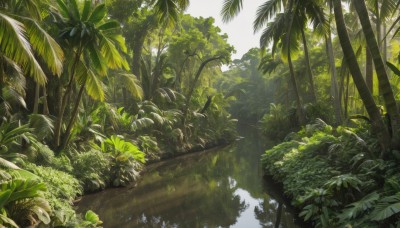 outdoors,day,tree,no humans,leaf,sunlight,grass,plant,nature,scenery,forest,bush,green theme,sky,artist name,signature,water,landscape