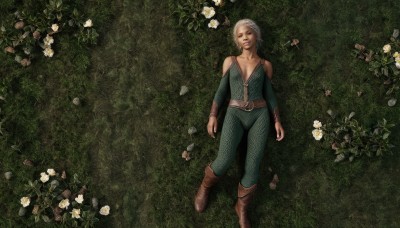 1girl,solo,breasts,short hair,cleavage,medium breasts,flower,white hair,boots,lying,detached sleeves,on back,lips,bodysuit,grass,realistic,looking at viewer,blue eyes,bare shoulders,collarbone,braid,belt,pants,leaf,from above,brown footwear,knee boots