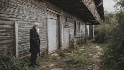 solo,short hair,1boy,standing,white hair,male focus,outdoors,shoes,day,pants,black footwear,tree,coat,profile,facial hair,black pants,grass,plant,building,scenery,black coat,hands in pockets,door,bald,old,old man,long sleeves,sky,cloud,from side,beard,hand in pocket