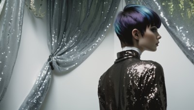 solo,short hair,bangs,shirt,black hair,1boy,closed mouth,upper body,purple hair,male focus,looking back,grey background,from behind,black eyes,lips,black jacket,eyelashes,window,profile,makeup,looking away,curtains,androgynous,realistic,blue hair,formal,suit,1other