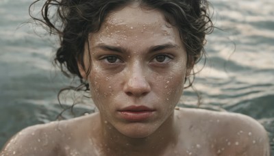 1girl,solo,looking at viewer,short hair,brown hair,black hair,brown eyes,closed mouth,nude,water,blurry,lips,wet,ocean,messy hair,portrait,close-up,realistic,nose,wet hair,bare shoulders,floating hair,depth of field,blurry background,underwater,red lips,waves