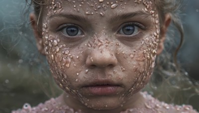 1girl,solo,looking at viewer,blue eyes,blonde hair,closed mouth,water,blurry,lips,grey eyes,eyelashes,depth of field,blurry background,portrait,close-up,bubble,underwater,realistic,freckles,nose,air bubble,submerged,pearl (gemstone)