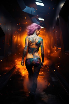 1girl,solo,short hair,jewelry,standing,full body,pink hair,purple hair,ass,nude,earrings,looking back,from behind,tattoo,back,thigh gap,piercing,fire,smoke,walking,butt crack,dimples of venus,embers,back tattoo,burning,full-body tattoo,breasts,looking at viewer,medium hair,lips,makeup,topless,clenched hand,nose,arms at sides,stud earrings,arm tattoo,facial tattoo,hair slicked back